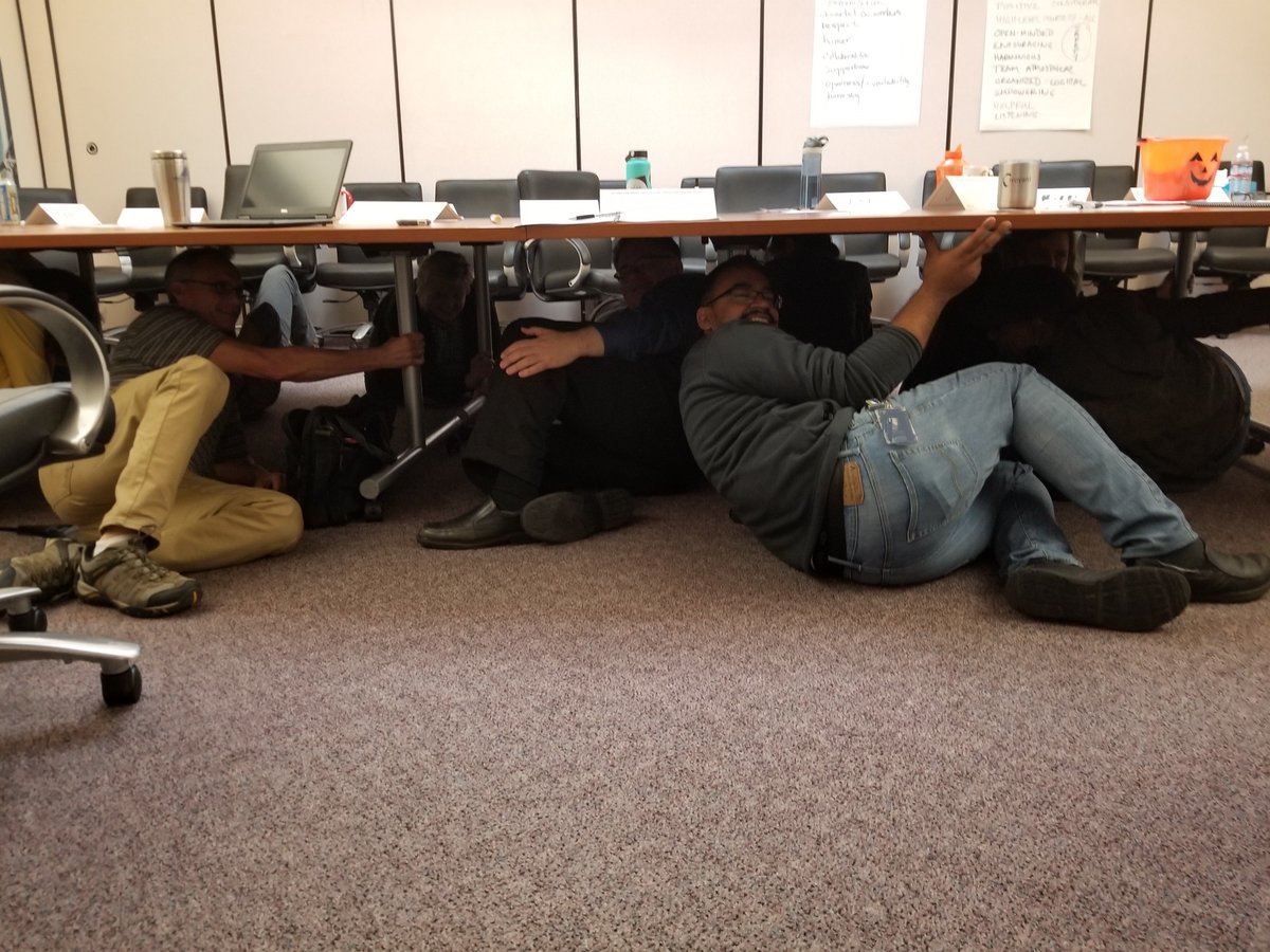 WesternAreaPowr's tweet photo. Our California offices participated in yesterday's Great #ShakeOut. Unusual things we learned: conference tables cover a lot of people, seek standing desks, coffee always helps #shakeout2018 https://t.co/szHFUKQQeb