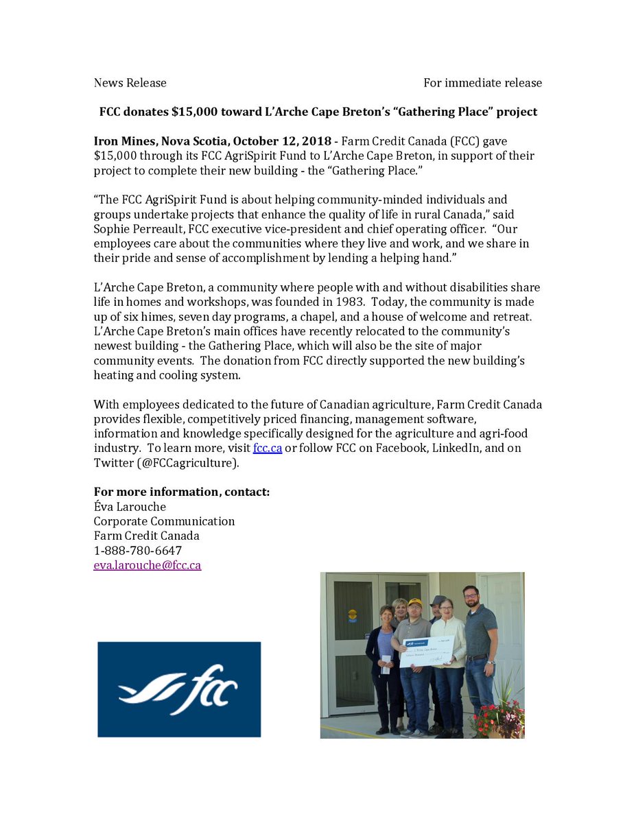 larchecb's tweet image. Thank you Farm Credit Canada for your generous donation toward our new Gathering Place. The money received from the FCC AgriSpirit Fund directly contributed to the building's heating and cooling system. See the Inverness Oran and other local papers for a full press release!