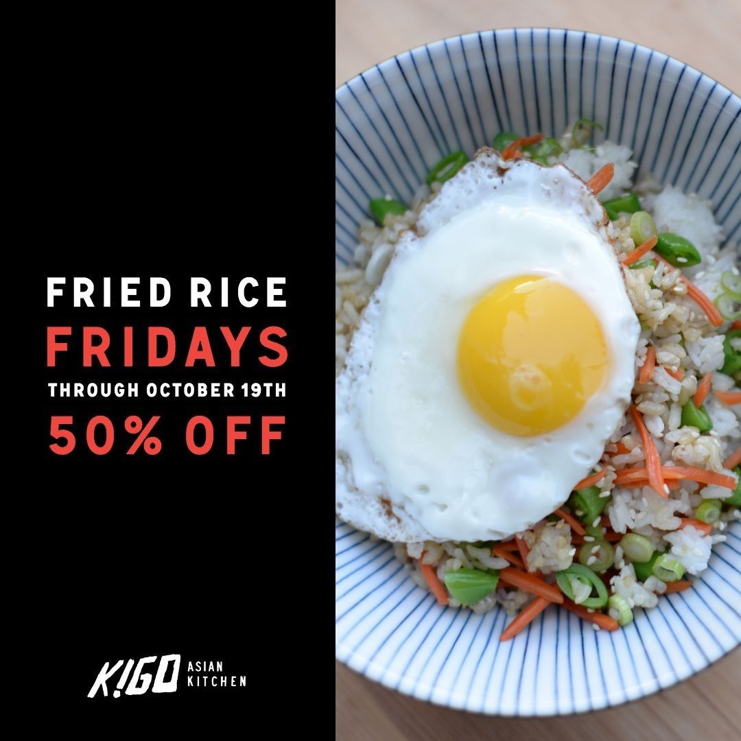 Happy Friday! Fried Rice Friday's are back, now through October 19th. 50% off Bacon Fried Rice and Bokum bowls. Cheers!  kigokitchen.com #eatkigokitchen #seattle #asian #yum #wok #pnw #foodie #hungry #bacon
