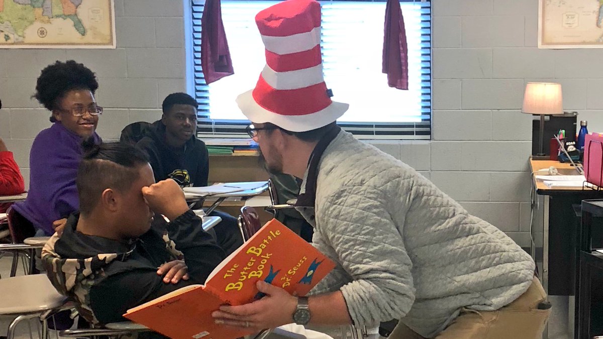 As a teacher you sometimes wear many hats! Today, my US History class at @EaglesHLHS read The Butter Battle Book by #drSeuss to study the Cold War and the arms race! #learningcanbefun