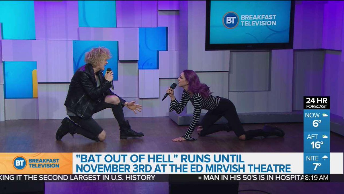breakfasttv's tweet photo. This morning, we had a special live performance by @AndrewPolec and Emily Schultheis from the musical #batoutofhellTO 🦇🎶 WATCH: https://t.co/xQLMR2f6T7 https://t.co/OwEAmFljvW