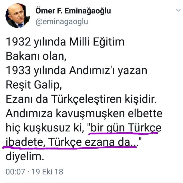 'Sıra Türkçe İbâdet ve Türkçe Ezânda'

Danıştay'ın verdiği Andımızın yeniden okunması kararının ardından Eski savcı ve #CHP üyesi #ÖmerFarukEminağaoğlu, 'Türkçe Ezân' çıkışı yaparak ağzındaki baklayı çıkardı.

Allâh İslâm Düşmanlarına Fırsat Vermesin.