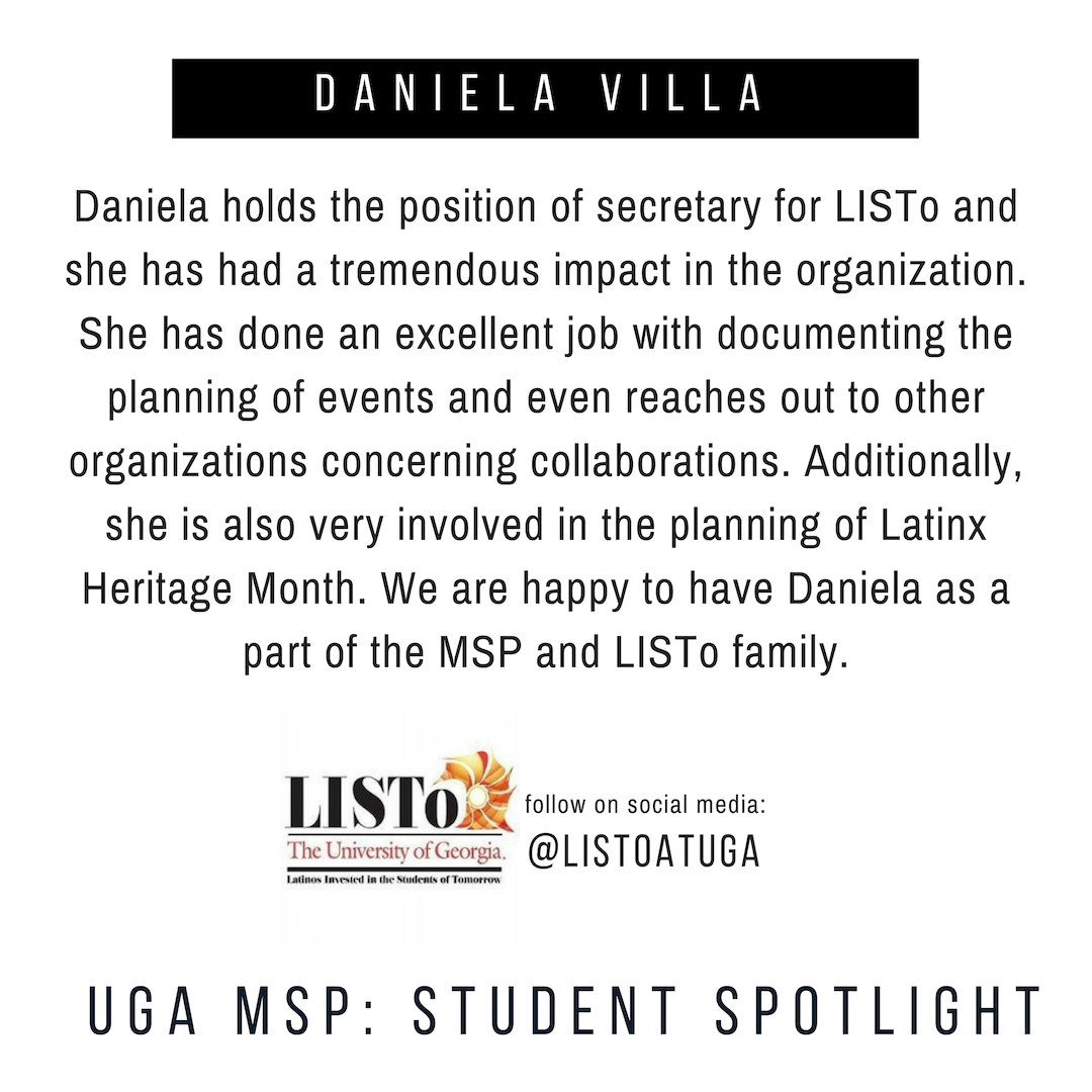 MSPatUGA's tweet photo. This Week: MSP Student Spotlight

Daniela Villa from @LISToatUGA 

Reach out to us if you are interested in spotlighting one of the students in your MSP organization! https://t.co/onM4khp7cI