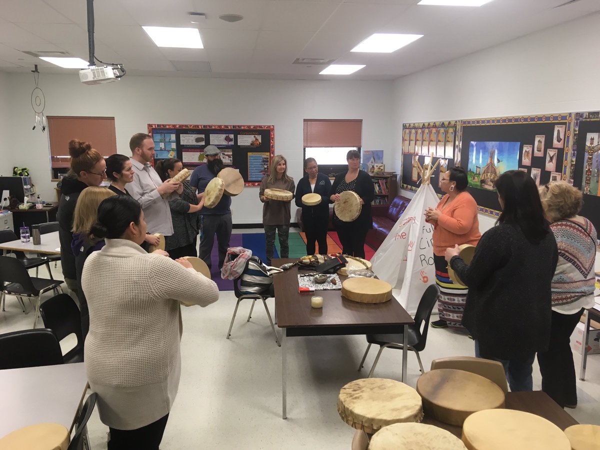 jsncmpbll's tweet photo. Father Beau staff spending some time learning about Indigenous Drumming from Elder Pollyanna as she leads us in a Drum Blessing/Feast! @FMCSD #WeAreFMCSD https://t.co/MlJDyEA3i1