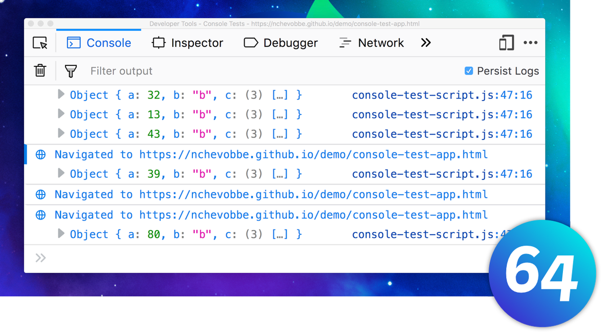 Persist logs feature in Firefox 64 Console