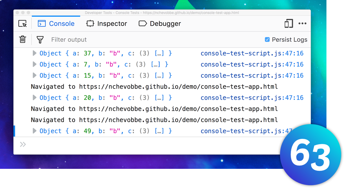 Persist logs feature in Firefox 63 Console