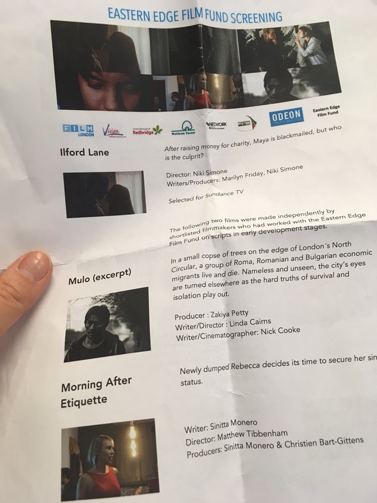 Was totally stoked to see <a href="/EasternEdgeFund/">EasternEdgeFilmFund</a> films today. Congrats to <a href="/MarilynFriday/">Marilyn Friday</a> &amp; <a href="/MissNikiSimone/">Niki Simone</a> for Ilford Lane and @SamiElhadi &amp; <a href="/sandjfilms/">Saul&Josh</a> for Seed, really great work and wonderful to see what became of those scripts! Also v proud to be in <a href="/sin1986/">Sin86</a> &amp; @cbartgittens comedy!