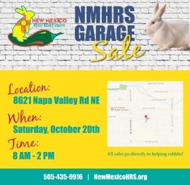 NMHouseRabbits's tweet photo. Tomorrow! Drop in to support our Annual Garage Sale! Lots of great treasure at great prices! Proceeds benefit our rabbit rescue efforts in #NM! **NO rabbits for adoption at this event**  #seeyouthere #fundraiser #ABQ #rescue #rabbit #GarageSale #reuse https://t.co/gDLOgSA8BA