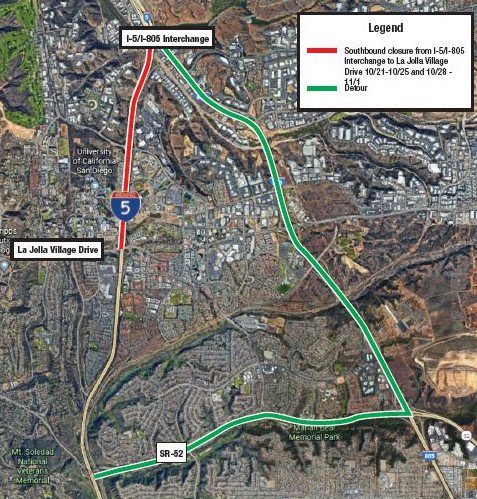 MidCoastTrolley's tweet image. #MidCoastAlert: 10/21-25, there will be full I-5 closures of SB lanes from I-805 to La Jolla Village Dr to remove Gilman Drive Bridge falsework. Work hours are 9:30pm to 5am each night. KeepSanDiegoMoving.com/MidCoastNotices