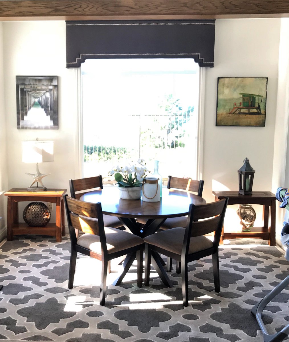 PCDrapery's tweet image. Shaped Cornice Box in San Clemente.  @Fabricut Fabric, Dublin Linen, Coal.  The nail heads are @Rowley_Company satin nickel.   Shades undeneath are @HunterDouglas Designer Screen Shades.  #design #windowtreatment #shades #valance #cornicebox #cornice