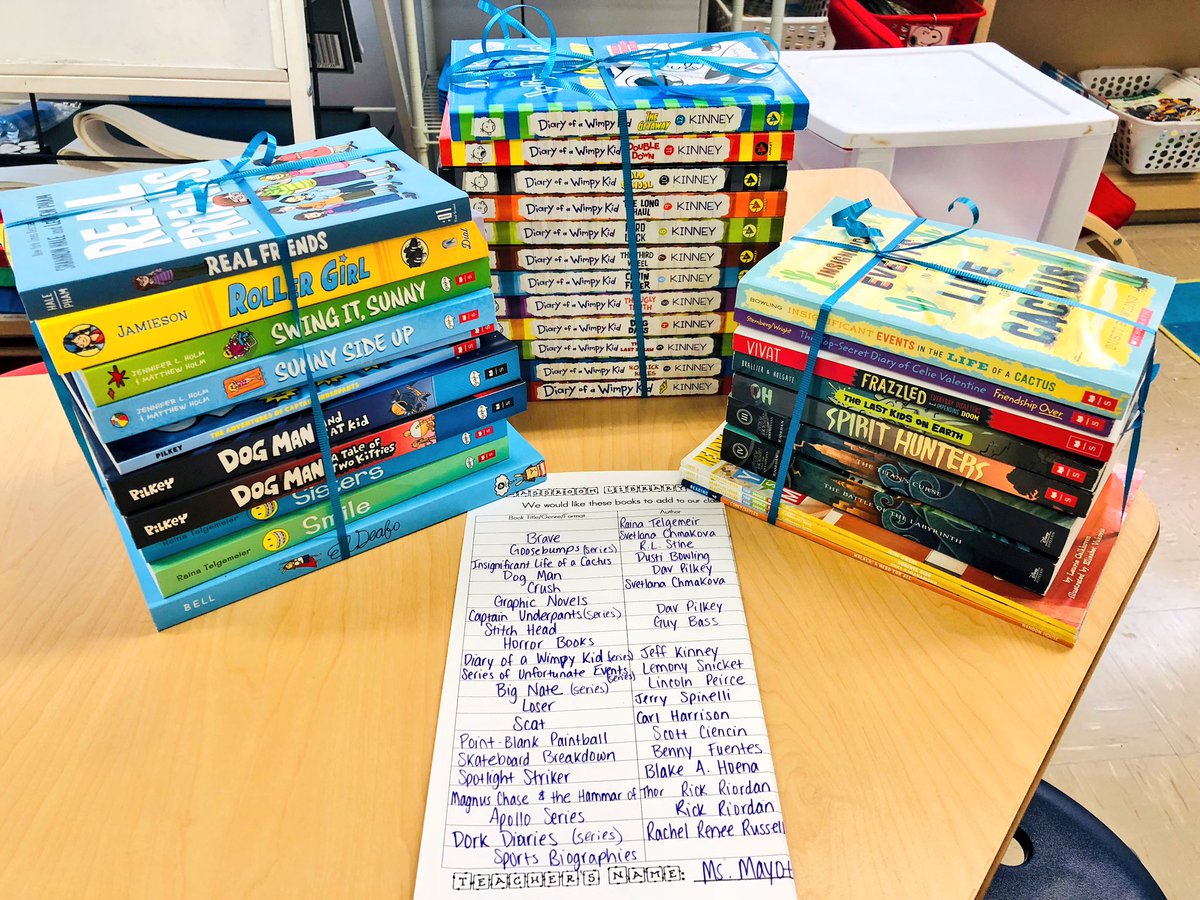 lauramossa's tweet photo. Excited to fulfill some of @MsMayotte’s students’ classroom library wishes. Grateful to our @GrangeES administrators & PTA for funds to purchase books kids really want to read! #bookhost #bookwhisperer #bookaccessforall #kidsneedbooks #grangereads https://t.co/LEXVXjhUAV
