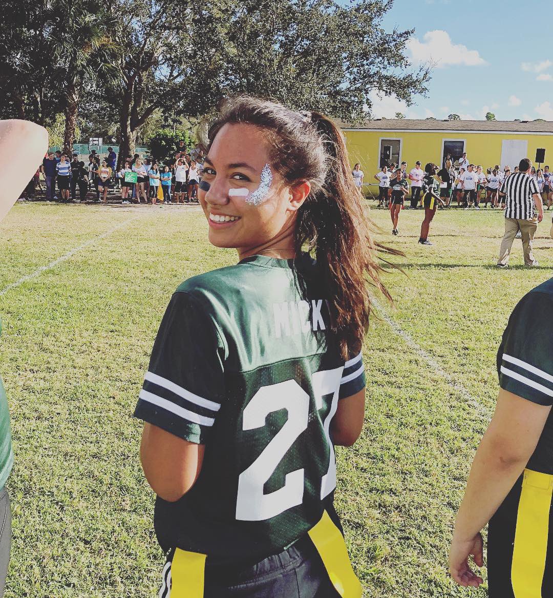 QuestExch's tweet photo. Mira is on the Powderpuff Football tournament with other international students, and here she is after scoring a touchdown for the Junior’s team! You go Mira! 👏🏼🏈👍🏽 #InternationalStudent https://t.co/DNsayYWoRy