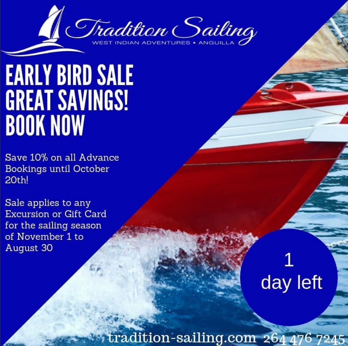 Anguilla_Trsm's tweet photo. Early-Bird Sale Ends Tomorrow » Pre-book a #Caribbean #sailing adventure with @sailtradition by Oct. 20 to save 10%. Can be applied to private sailing excursions, lobster lunch day sail, sundowner sailing cruise and/or gift cards. Valid thru Nov. 1, 2018–Aug. 30, 2019. https://t.co/Ea2x7hXuqI