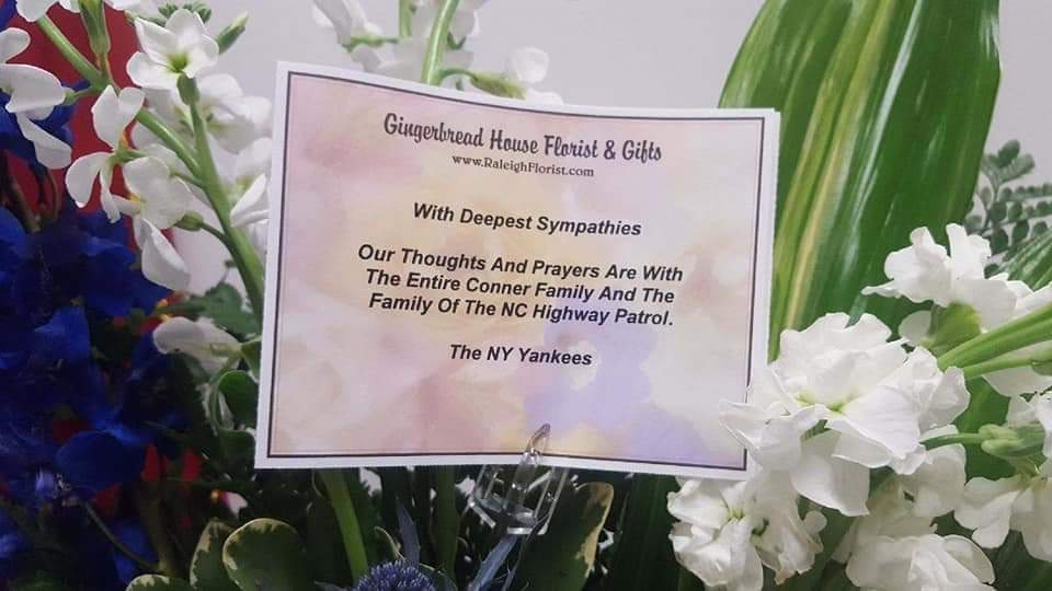 NCTroopers's tweet photo. Thank You @Yankees for the Beautiful flowers sent to the family of Trooper Conner. What a beautiful tribute to him & your organization. #nyyankees #PinstripePride #MLB #NCTA #NCSHP #B551 #foreverB551 https://t.co/ev35OpJdq8