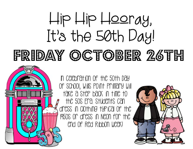 PrimaryWP's tweet photo. Hip Hip Hooray, Friday is the 50th Day!! Students may dress in clothes from the 50s! https://t.co/ebm1cfa0PQ
