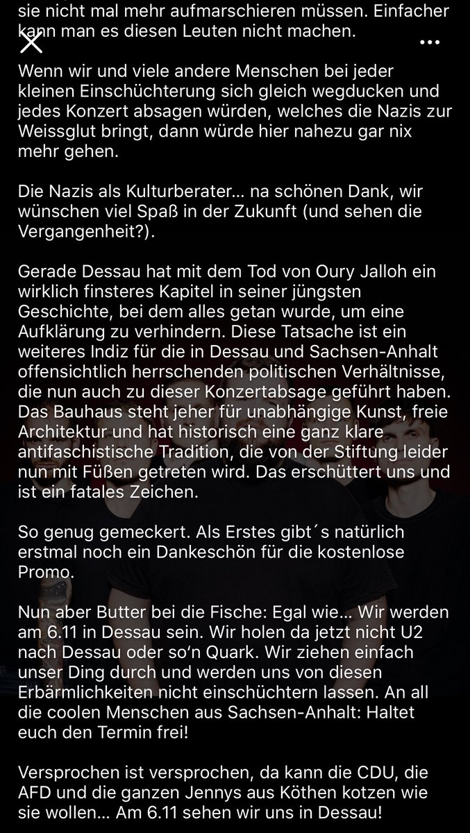 dertilly's tweet image. „Einfacher kann man es diesen Leuten nicht machen.“ Feine Sahne Fischfilet hat sich mittlerweile mit einem gepfefferten Statement zur Absage vom #Bauhaus gemeldet. Sie wollen am 6.11 trotzdem in Dessau spielen, egal wie.