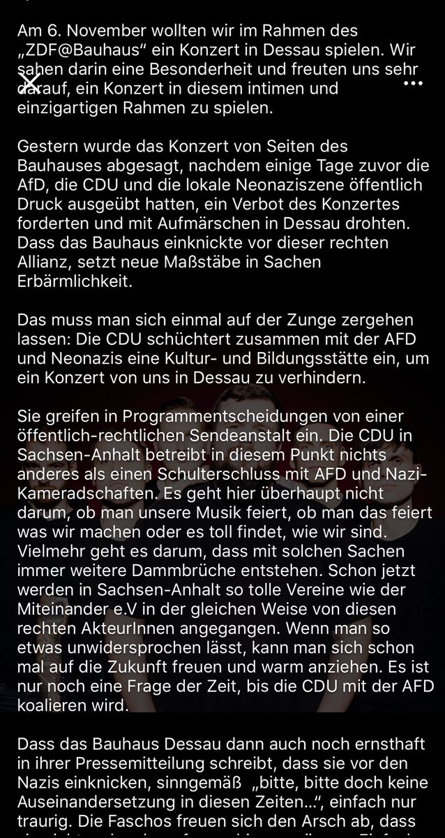 dertilly's tweet image. „Einfacher kann man es diesen Leuten nicht machen.“ Feine Sahne Fischfilet hat sich mittlerweile mit einem gepfefferten Statement zur Absage vom #Bauhaus gemeldet. Sie wollen am 6.11 trotzdem in Dessau spielen, egal wie.