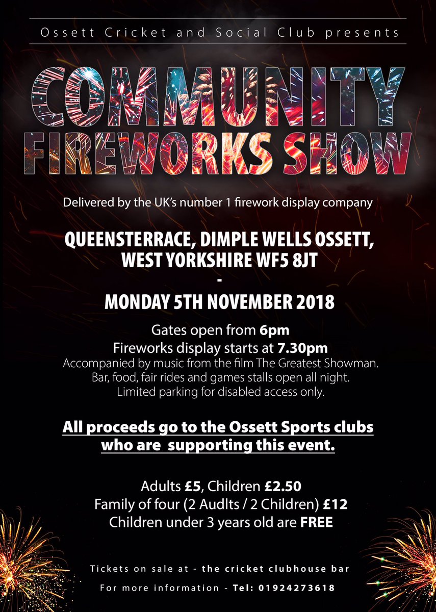 Fireworks tickets available tomorrow and Sunday and next  2 weekends 12-1.30 from Bob at the club.