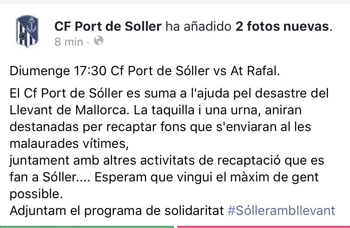 CFPortdeSoller's tweet photo. Diumenge 21 a les 17:30
@CFPortdeSoller vs @atrafal 
El Port de Sóller es suma a l'ajuda pel desastre del Llevant de Mallorca. El club destinarà la taquilla i una urna x els aficionats que vulguin col·laborar puguin fer-ho allà mateix.
Adjuntam programa solidari #Sóllerambllevant https://t.co/2SlFCVSyu9