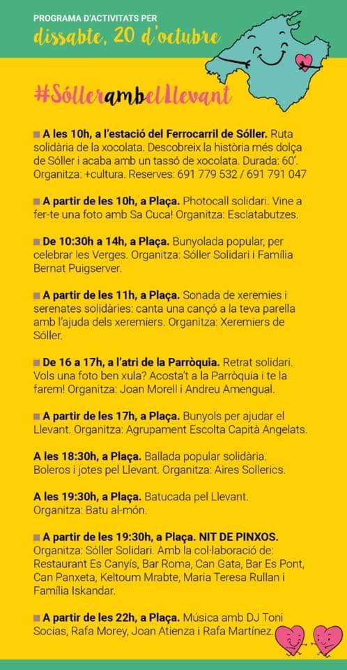 Diumenge 21 a les 17:30
<a href="/CFPortdeSoller/">Club Futbol Port De Sóller</a> vs <a href="/atrafal/">C.D. Atlético Rafal</a> 
El Port de Sóller es suma a l'ajuda pel desastre del Llevant de Mallorca. El club destinarà la taquilla i una urna x els aficionats que vulguin col·laborar puguin fer-ho allà mateix.
Adjuntam programa solidari #Sóllerambllevant