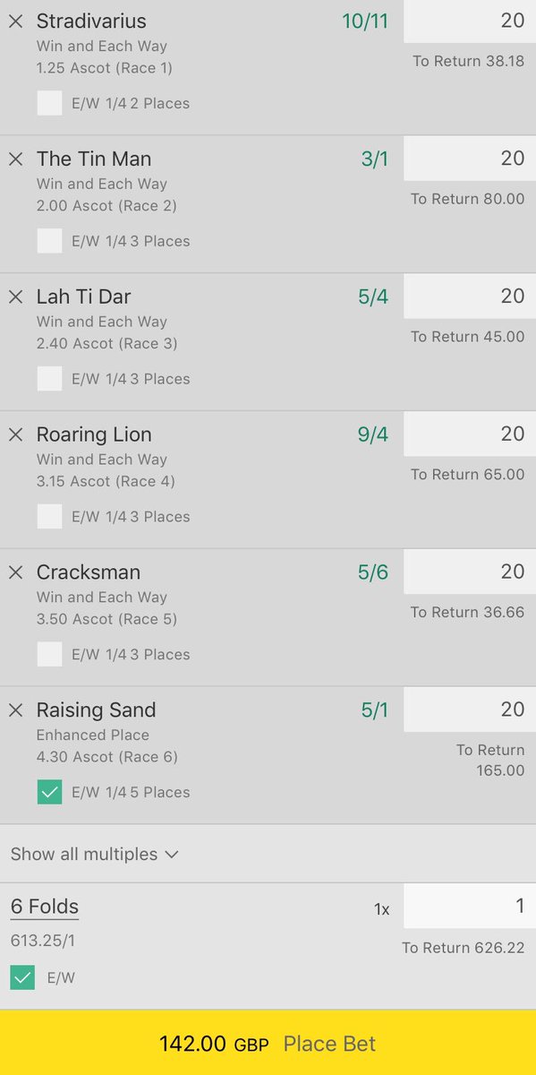No surprises here. These should clear up tomorrow <a href="/Ascot/">Ascot Racecourse</a>. See slip for details on bet and stake. #QIPCO #tips #ascot all in a £1 EW 6 Fold bet too to chance it for the big one.