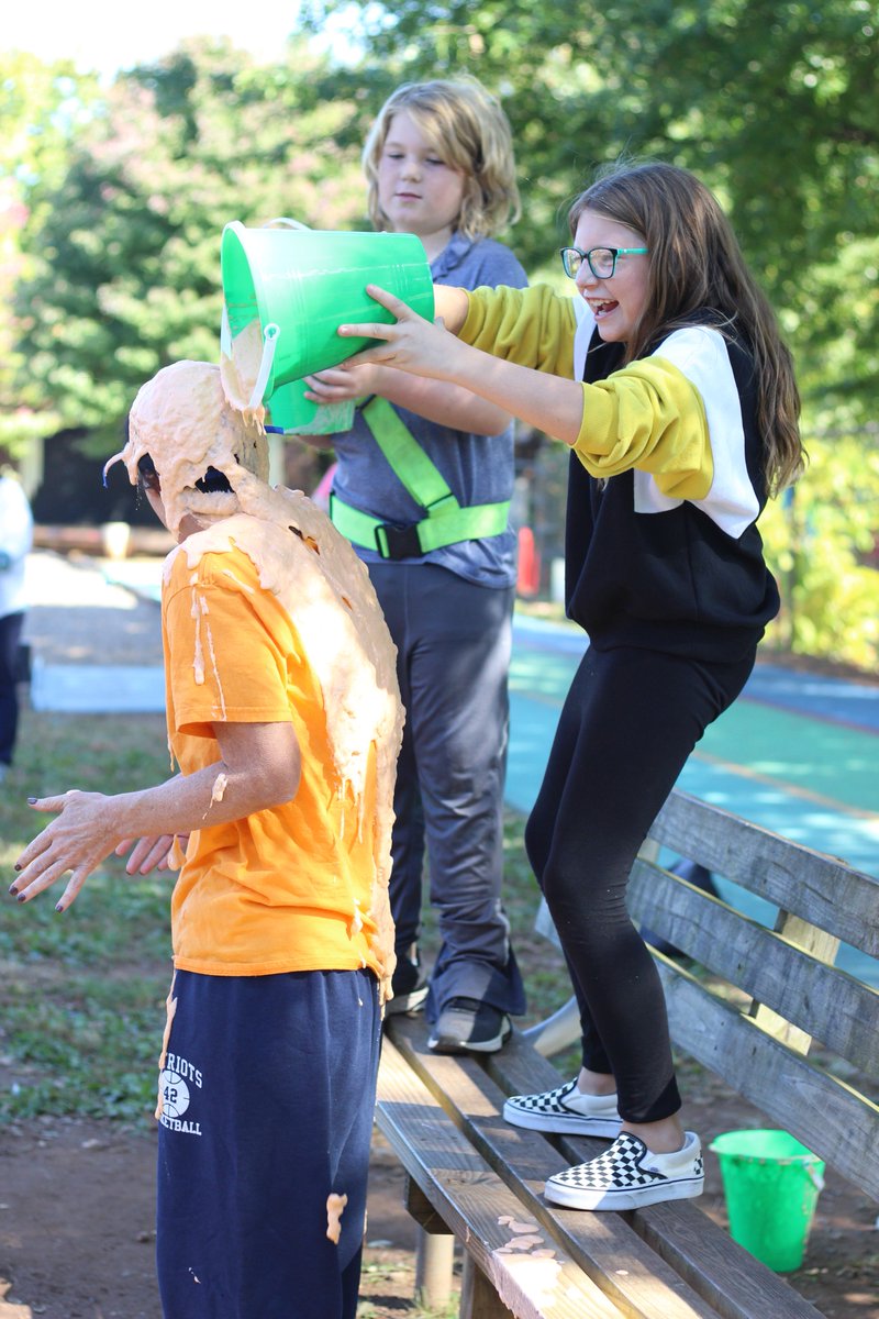 BeaumontMagnet's tweet photo. Principal @BMAWindyC was last.  She upped the ante by ditching her hairnet and trash bag!  Our 4th &amp; 5th grade top sellers had no mercy!  #BMAfamily https://t.co/MkhZ3wfkbV