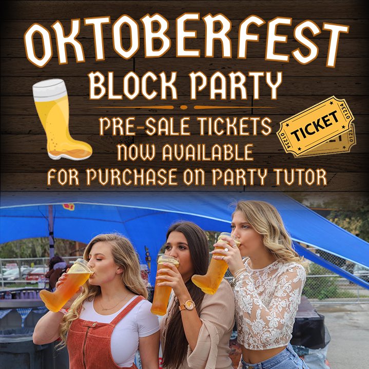 PartyTutorGold's tweet photo. Oktoberfest Block Party pre-sale tickets are now available for purchase through the Party Tutor app 🎃🎟

💸 $10 (no additional fees)
🍻 Free Beer Boot fill up
🚷 No waiting in line
🏆 Available only for Gold Members 
@KnightLibrary https://t.co/dYUTtOqS1D