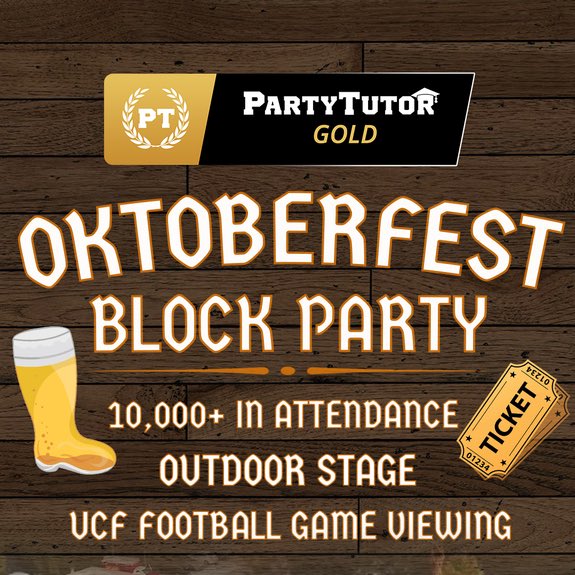 PartyTutorGold's tweet photo. Oktoberfest Block Party pre-sale tickets are now available for purchase through the Party Tutor app 🎃🎟

💸 $10 (no additional fees)
🍻 Free Beer Boot fill up
🚷 No waiting in line
🏆 Available only for Gold Members 
@KnightLibrary https://t.co/dYUTtOqS1D