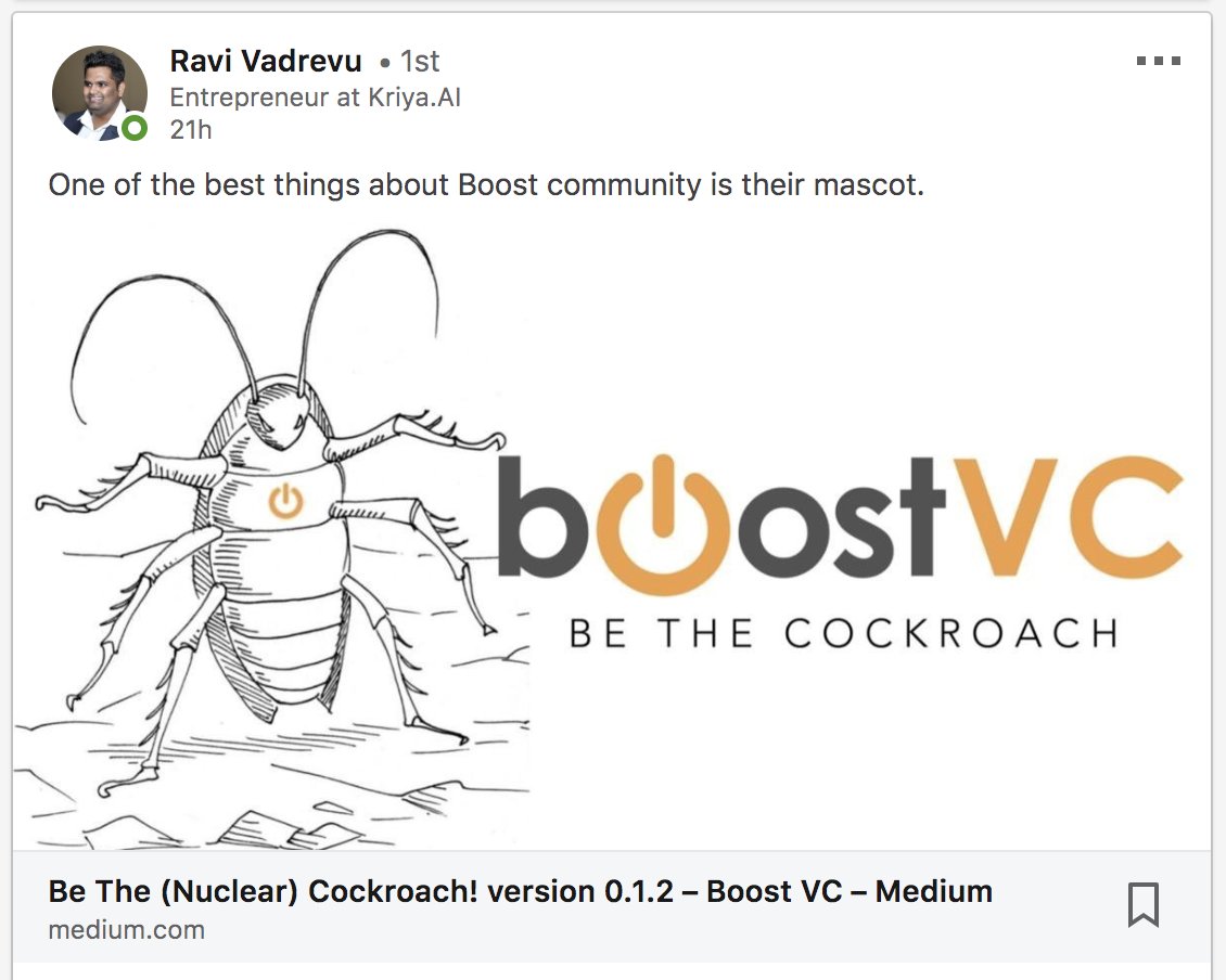 BoostVC's tweet photo. Anyone else jealous of our mascot? #BeTheCockroach h/t @kriyaai https://t.co/sDJoxODMng