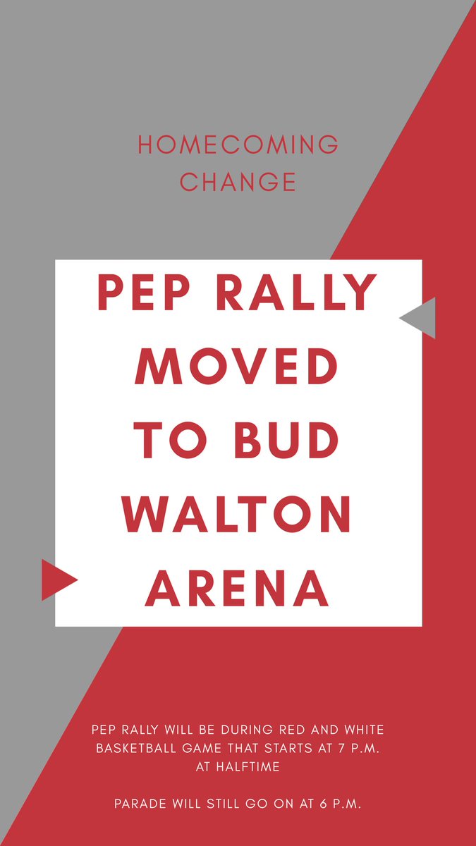 #UARKHOMECOMING Update!  Pep Rally Moved to Bud Walton Arena.  It will be held during halftime at the Red and White Basketball Game that Starts at 7 p.m.
