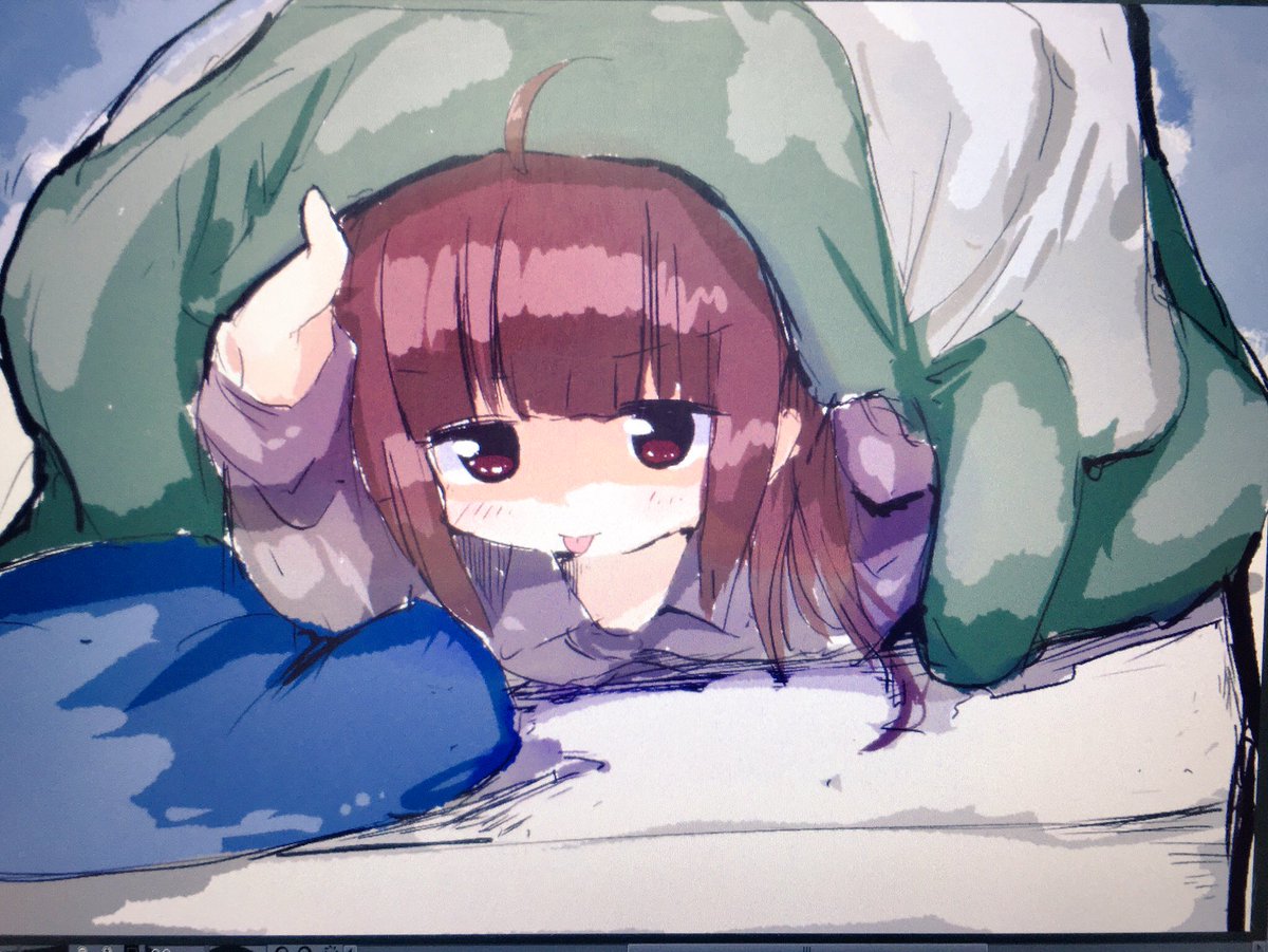 touhoku kiritan 1girl under covers solo ahoge brown hair tongue out pillow  illustration images