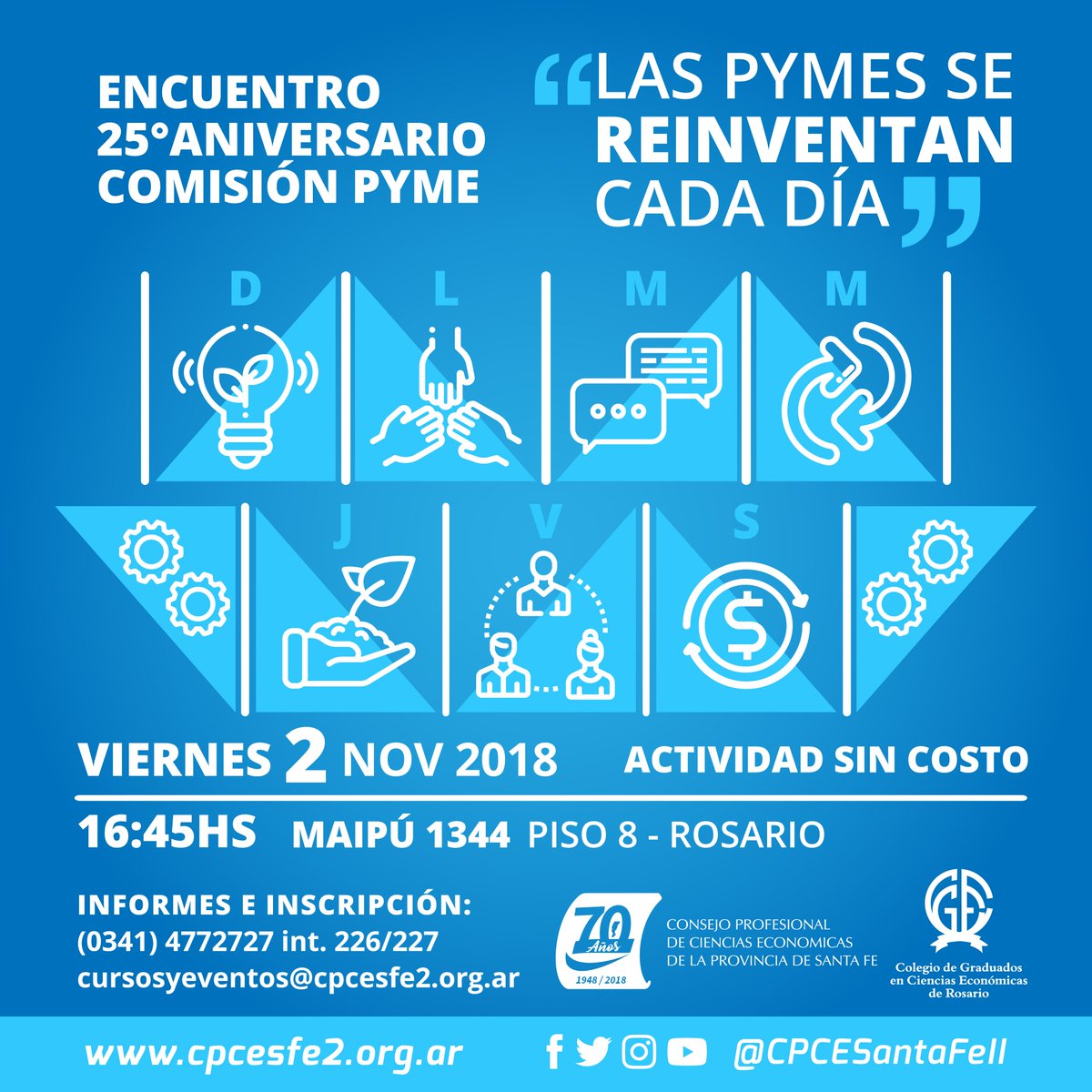 CPCESantaFeII's tweet image. ENCUENTRO 25° ANIVERSARIO COMISIÓN PYME
“Las Pymes Se Reinventan Cada Día”
Viernes 2 de Noviembre de 2018
Rosario - Maipú 1344 - piso 8
Informes e inscripción: (0341) 4772727 int. 226/227
cursosyeventos@cpcesfe2.org.ar