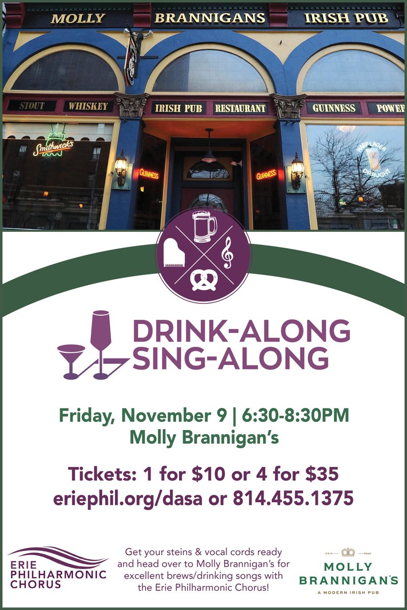 Tickets are now on sale for our next Drink-Along Sing-Along! 
Purchase your tickets at eriephil.org/dasa