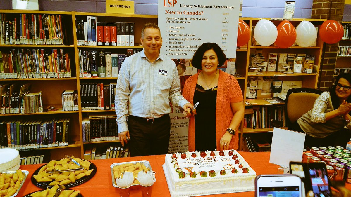NextStopCanada's tweet photo. Today we are celebrating 10 Years of Success of Library Settlement Partnerships on #LSPDay with cake, dancing and meaningful partnerships at the Centennial Library! @torontolibrary #settlementservices https://t.co/1bDdbOxFao