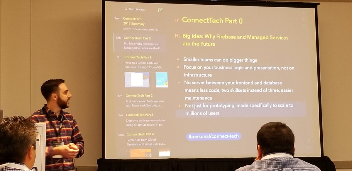 NoriSangeeta's tweet photo. How to build a #serverless app on #firebase in minutes. Excellent talk by @kiley0 #ConnectTech18. Getting introduced to #gatsby was a bonus! https://t.co/8adkUp4b9A