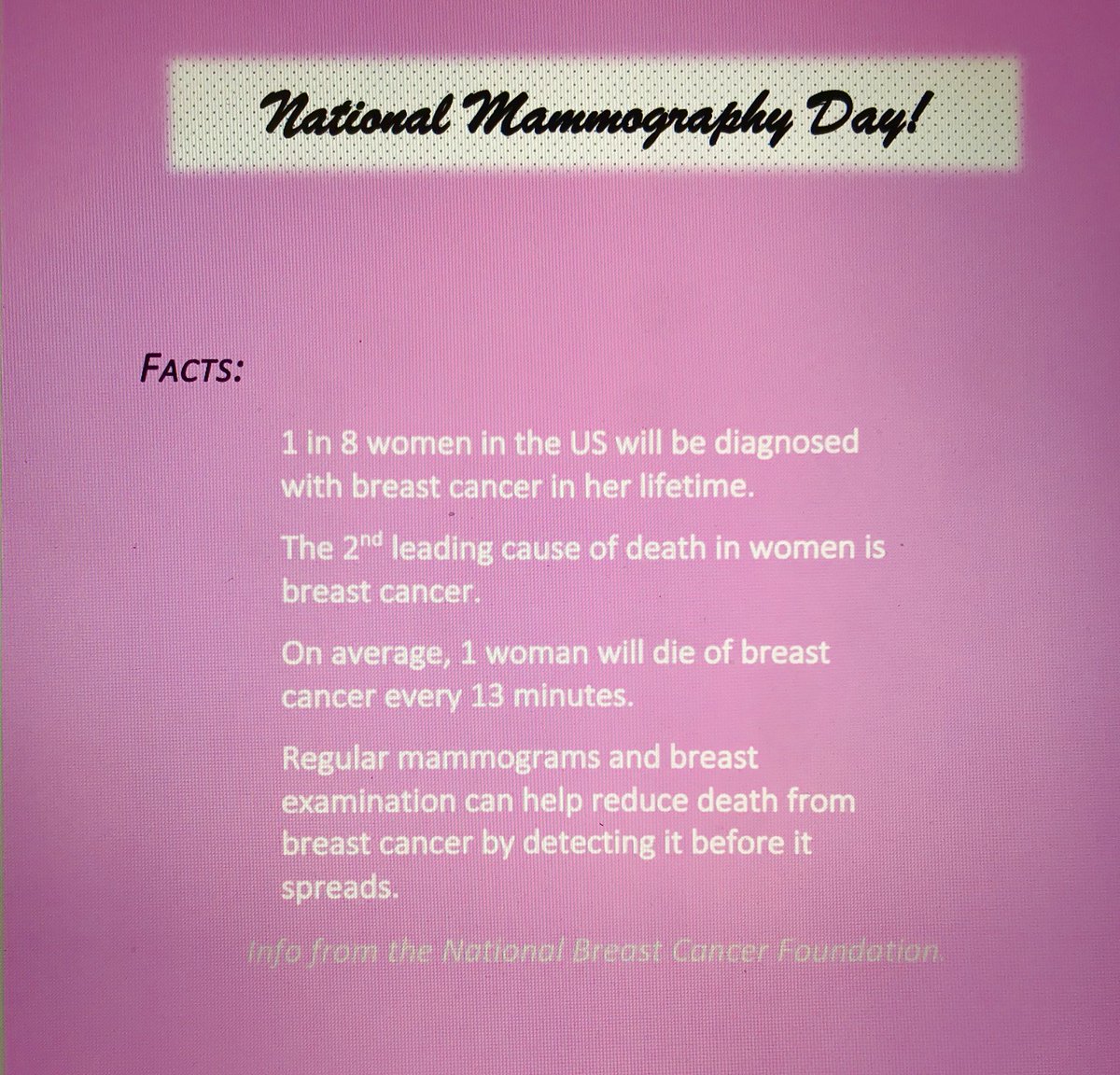 CA_Admissions's tweet photo. Today is National Mammography Day! 
These facts are presented by our Coastal Alabama Nursing Department 💊💉
Come check them out on our Brewton, Fairhope, Monroeville, and Thomasville campuses!! https://t.co/LwulEzhDhA