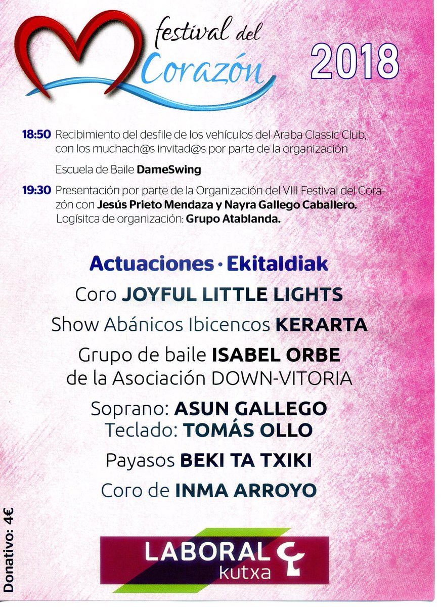 BravoXGasteiz's tweet photo. Mañana #FestivalDelCorazón en #VitoriaGasteiz
Coches clásicos, swing, góspel, payasos, magia, corales, danza, abanicos, canto... ¡Hasta nos acompañará AKER de @Baskonia!
Festival del ❤
Sábado, 19:30 h.
Conservatorio de Música Jesús Guridi https://t.co/f5dxUUl1R9