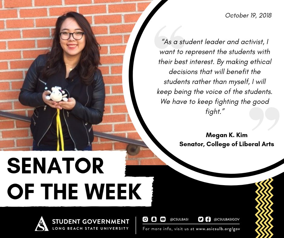 csulbasigov's tweet photo. Our new #SenatorOfTheWeek always keeps students best interest in mind. 💭 Congratulations, Senator Kim! #MyASIGov https://t.co/asc67taVn4