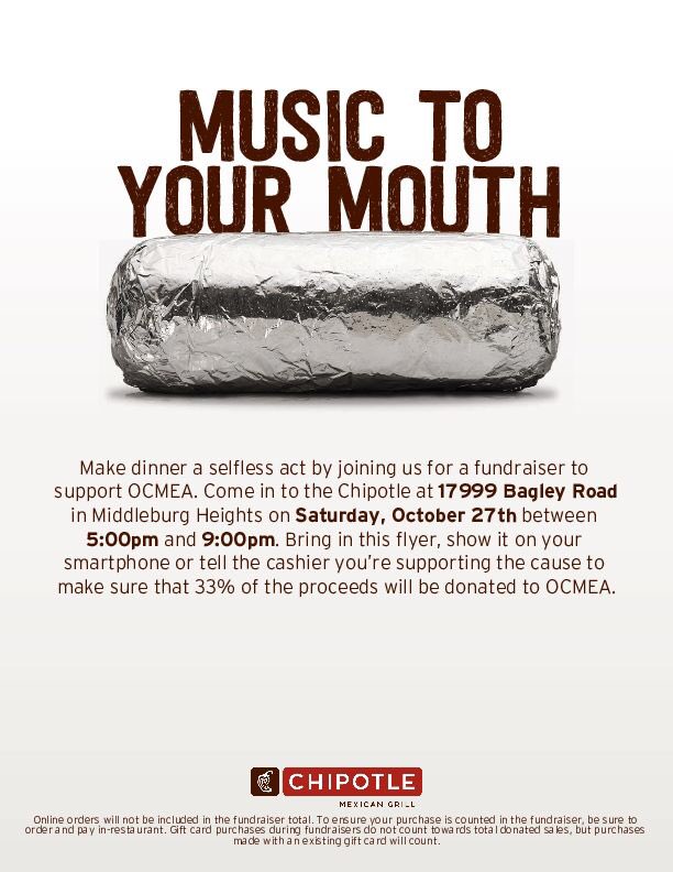 ocmea141's tweet photo. Tired of the meal plan? Then come support BW OCMEA Ch. 141 at our chipotle fundraiser!  The event is Saturday, October 27th between 5:00 to 9:00 PM. 

Your support will help fund our workshops that prepare our music education majors to better serve our future students! https://t.co/LoONc7psIg