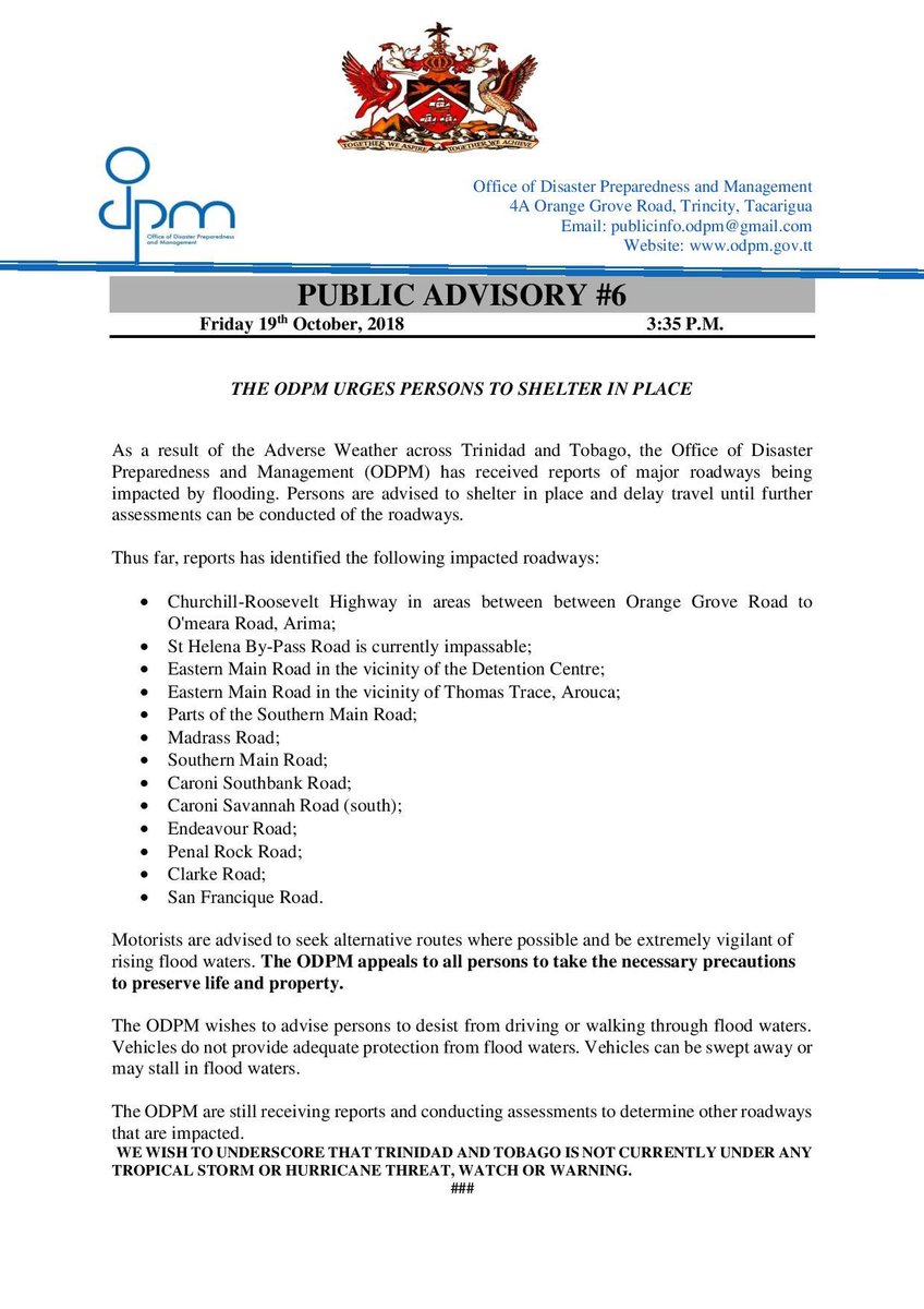 TTWeatherCenter's tweet photo. The @ODPM_TT is now advising citizens of Trinidad and Tobago to shelter in place due to widespread flooding across the country. DO NOT TRAVEL THROUGH FLOODED ROADWAYS! https://t.co/wLhkW89FqM