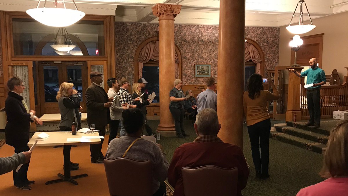 startupsBW's tweet photo. Last night's Third Thursday Meetup: new faces in the group, a presentation by Matt Matthews, a talk from entrepreneur and County Commissioner Jeff Bohm, an address from Mayor Pauline Repp, all followed by a rooftop-to-basement tour of the historic Harrington Inn. WIN! #BWstartups https://t.co/RVgiKARsL0