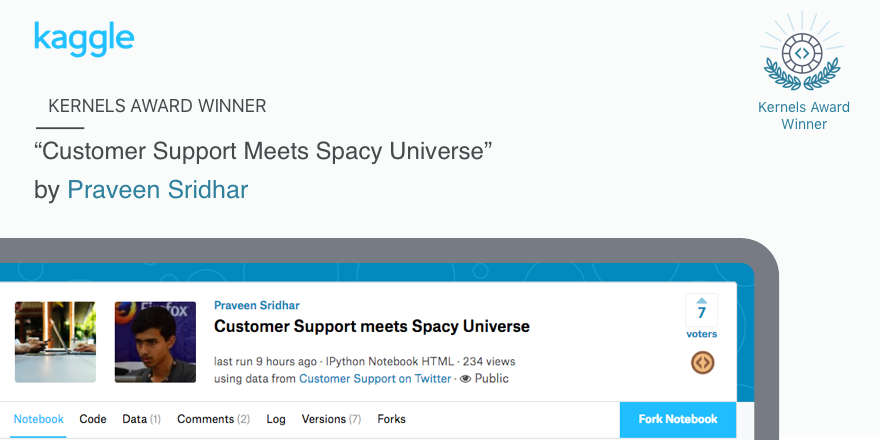 kaggle's tweet photo. This week's #KernelAwards winner uses a dataset of customer support tweets to explore the capabilities of the #spaCy Python package: https://t.co/ITrRGtYW33 https://t.co/kBo3pokcIK