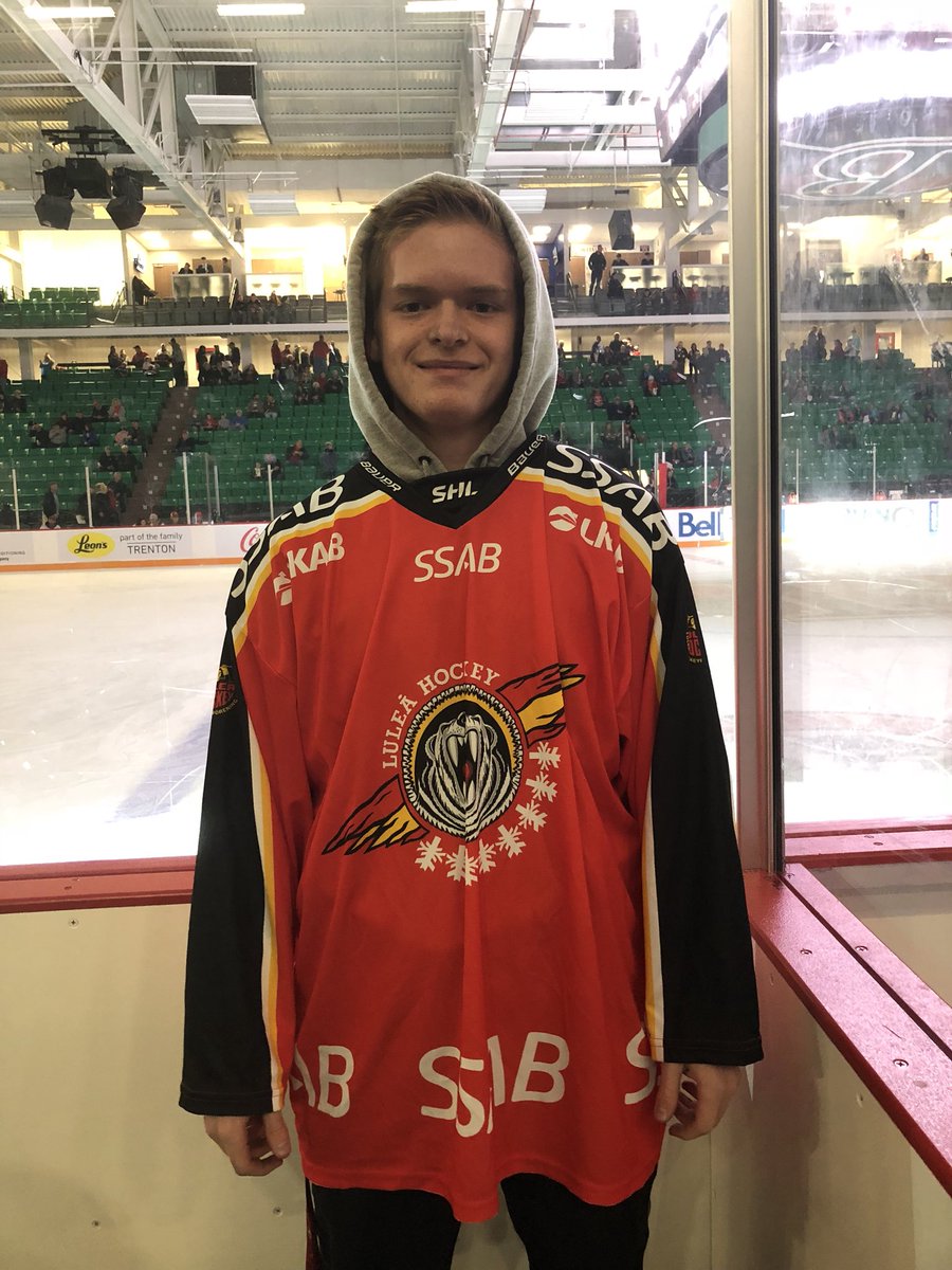 BellevilleSens's tweet photo. Check this out: Jason is rocking a Filip Gustavsson Luleå jersey for tonight’s #BellevilleSens game! https://t.co/MsszfSZFp3