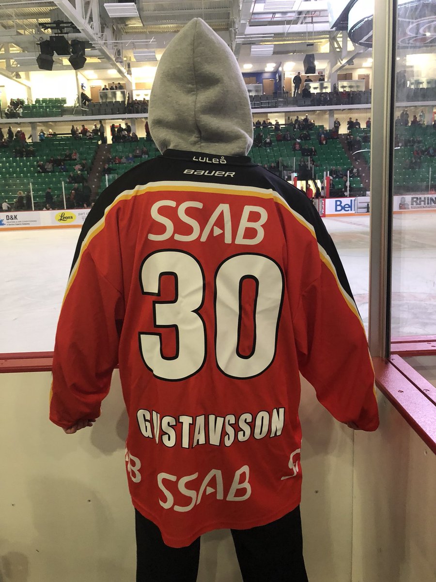 BellevilleSens's tweet photo. Check this out: Jason is rocking a Filip Gustavsson Luleå jersey for tonight’s #BellevilleSens game! https://t.co/MsszfSZFp3