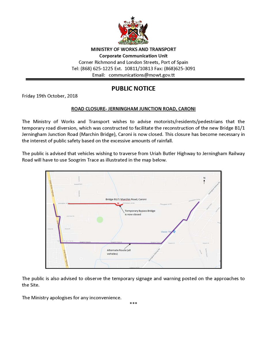 mowigovtt's tweet photo. Public Notice: Road Closure Jerningham Junction Road, Caroni @tv6tnt @CNC3TV @tttliveonline @103FMTrinidad @Power102fm @VibeCT105fm @HeartbeatTnT @107musicforlife https://t.co/si0ABgYPfX