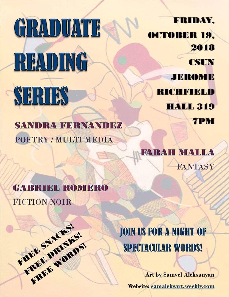 4humCSUN's tweet photo. Our Friends at the GRS are holding another reading tonight showcasing the talent of our #csunenglish peers! Don't miss the chance to see these talented #CSUN writers share their work--including our fellow Digital Humanist, @legendbegins21! Good luck, readers! https://t.co/7oQOpMKNze