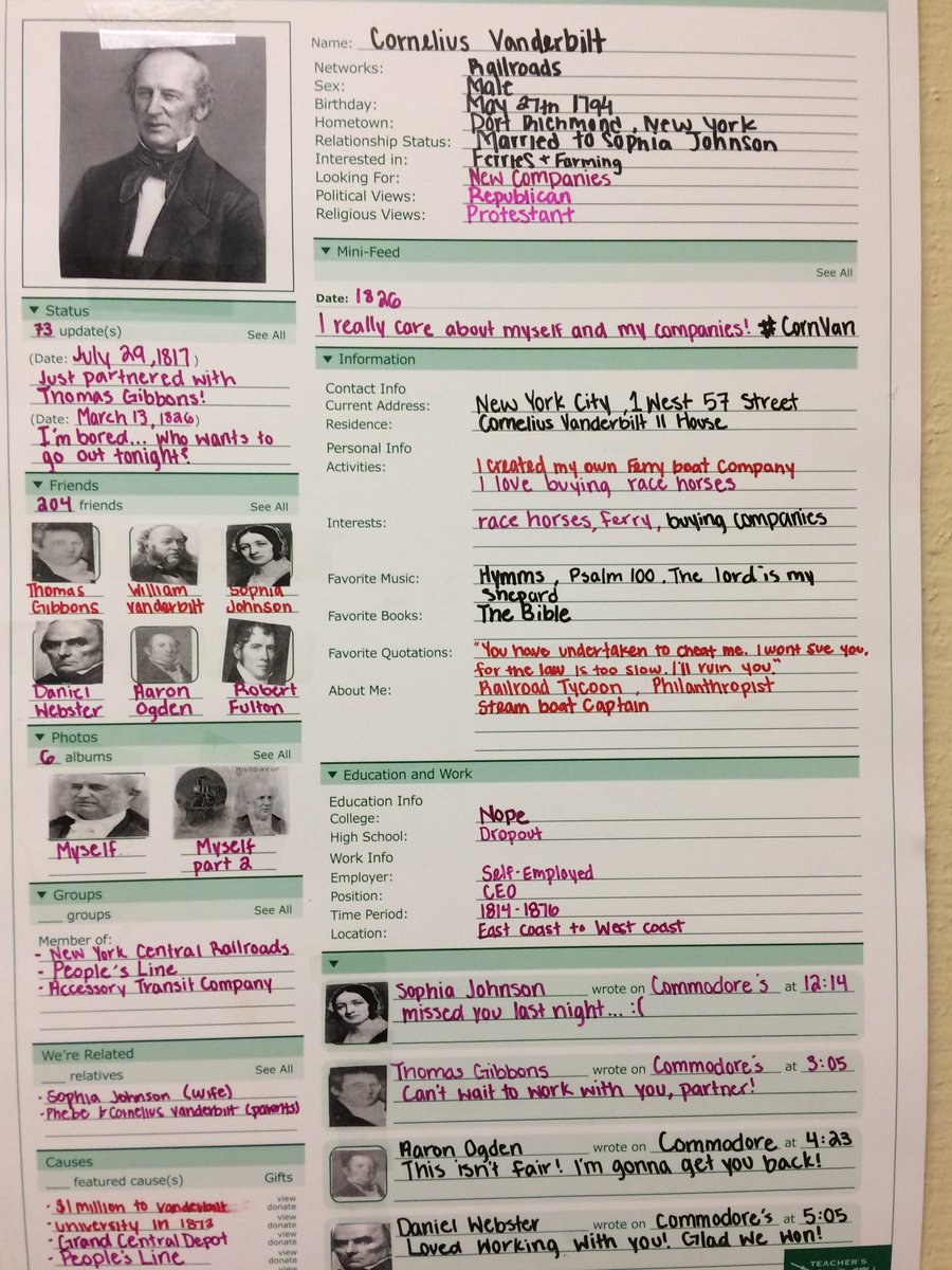 dhoward1121's tweet photo. Have you ever wondered what it would be like if early historical figures had a Facebook? Well, my AP history 10 & 11 created a “Farcebook” for Revolutionary figures & the Captains of Industry. #readallaboutit @VMHS_Jackets #howardhistory https://t.co/W0ZG6880QL