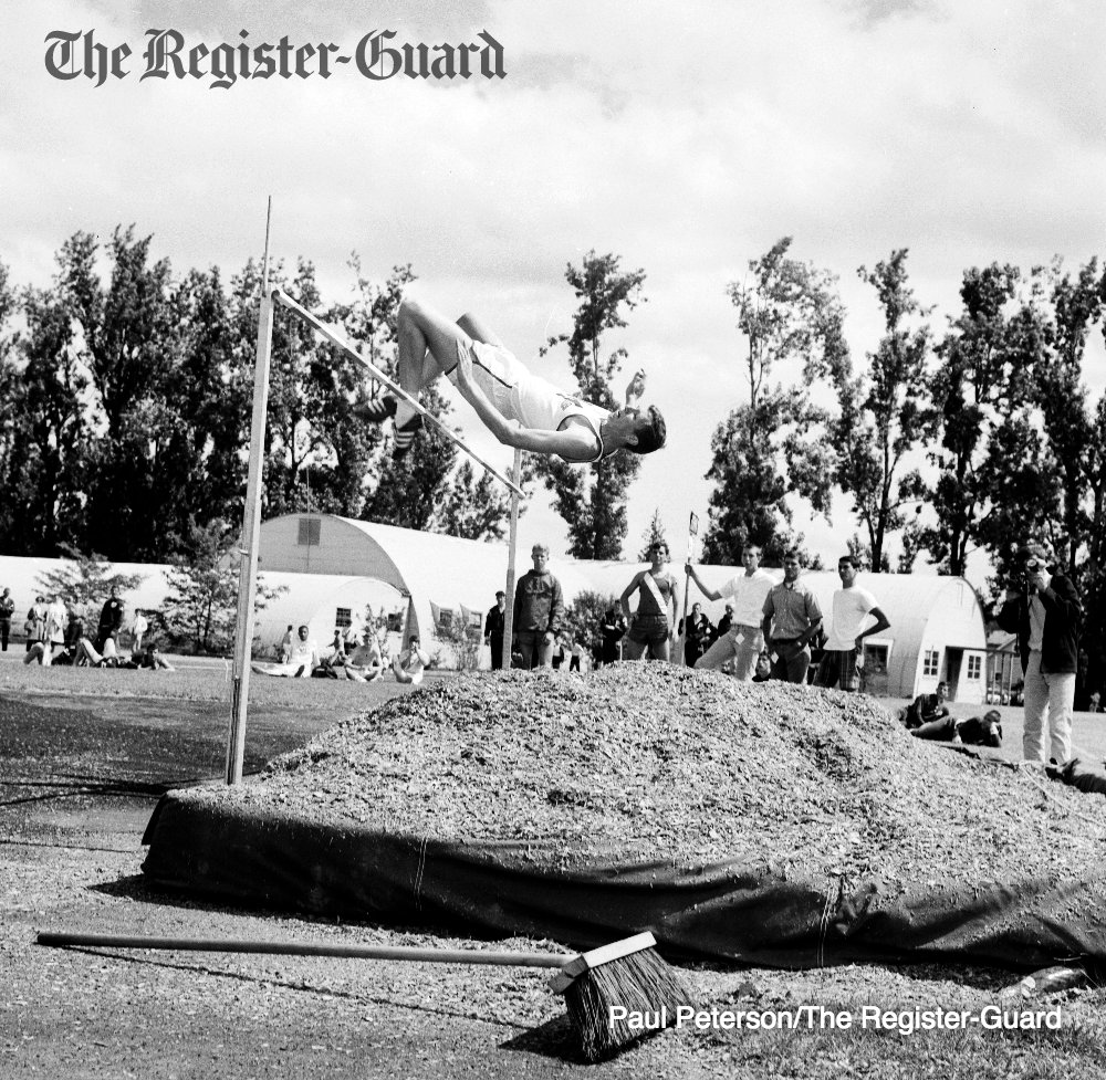 Found this gem in the <a href="/registerguard/">The Register-Guard</a> archives: an unpublished photo of a high schooler named Dick Fosbury “flopping” into sawdust at the 1965 Oregon state meet. His unorthodox method changed high jumping forever. He won gold at the Olympics 50 years ago Saturday. <a href="/DickFosbury1/">Dick Fosbury</a>
