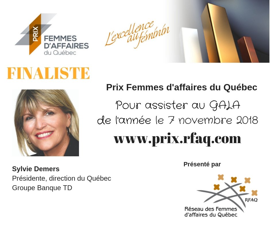 Le Québec regorge de succès de #femmes #inspirantes. 
Notre gala du 7 novembre vous en fera découvrir! 

L'une de nos finalistes est @SylvieDemers_TD , Prés., directrice du Qc pour le Groupe Banque <a href="/TD_Canada/">TD (Canada)</a> .

Quelques billets seulement: bit.ly/2xSoxA9  
#PFAQ #RFAQ