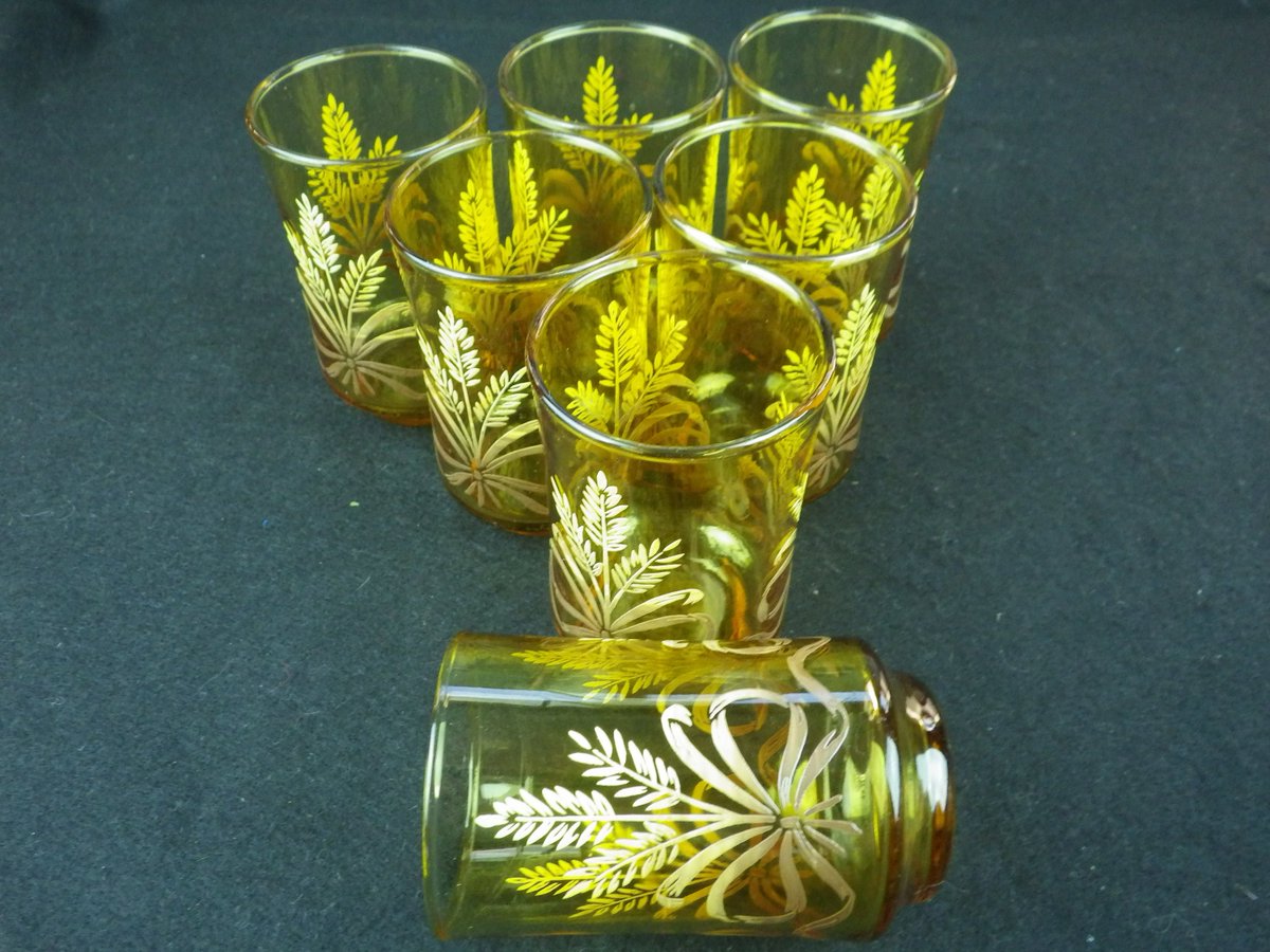 Libbey Golden Wheat Juice Glasses Set of 7 etsy.me/2NPI0W8 #housewares #amber #housewarming #christmas #green #libbeygolden #golden #wheat #christmasmorning #juiceglass #retrodining #vintagebar #vintagedecor #vintage #decor #retro #breakfast #dining #midmod